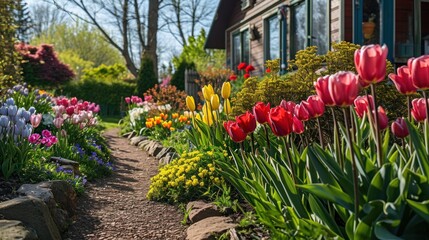 Fototapeta premium Colorful spring garden, blooming flowers, landscaping, nature's beauty.