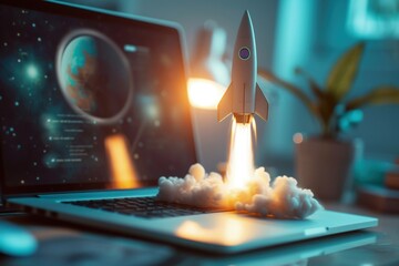 Rocket coming out of laptop screen, startup and technology concept, bokeh background. Generative AI - obrazy, fototapety, plakaty