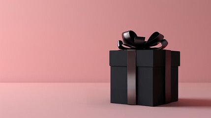 3D render, black gift box and satin ribbon on pastel pink background, angled view 3D composition composition with copy space