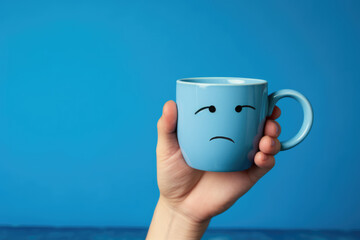 Blue cup with sad facial expression on blue background. Blue monday concept