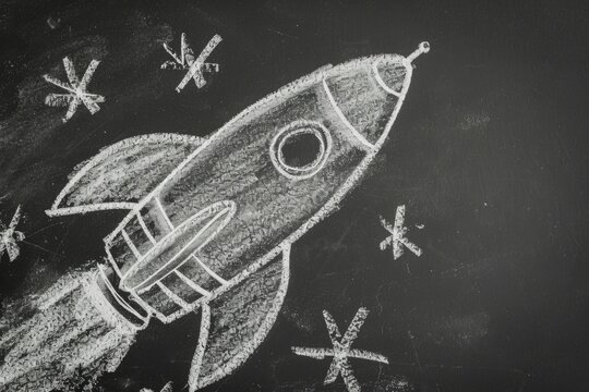 Rocket drawing with chalk on blackboard, startup and learning concept. Generative AI