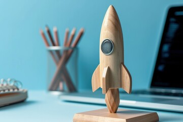 Illustration of a wooden rocket on a table with laptop next to it, startup and technology concept. Generative AI