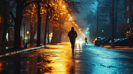 Evening city run, jogger on illuminated street, fitness, urban lifestyle.