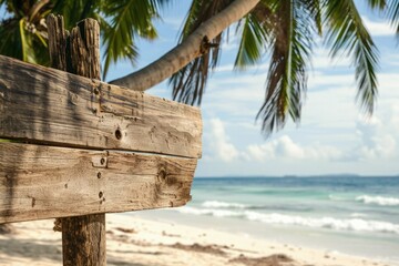 Landscape with a wooden board, sea and coconut tree in the background. Generative AI