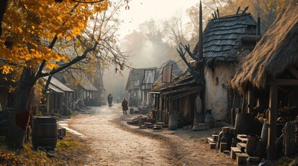 Historical reenactment in a medieval village setting - obrazy, fototapety, plakaty