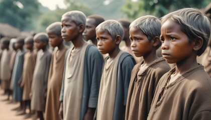 Poor black villagers standing in a line. Poverty and social issues. - obrazy, fototapety, plakaty