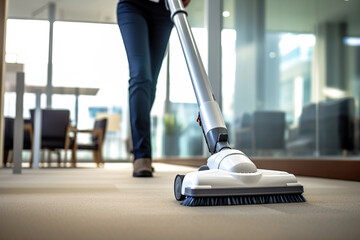 Close up of person vacuuming an office carpet floor. Unrecognizable person, low angle view