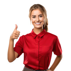 Female employee of fast food restaurant wearing red uniform and doing thumbs up over isolated transparent background - obrazy, fototapety, plakaty