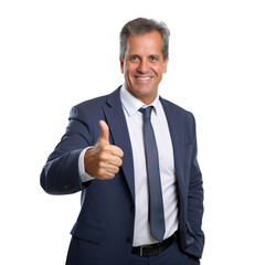 Mature businessman portrait giving thumbs up over isolated transparent background