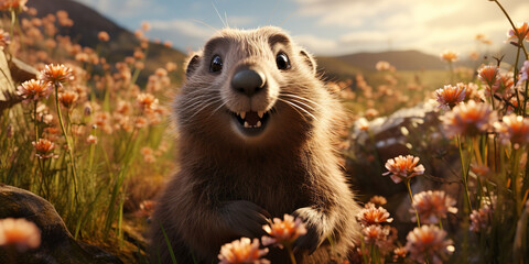 Cute smiling groundhog 3D animation style in landscape