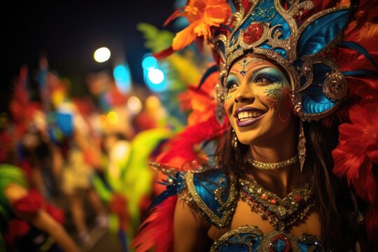 Latin woman, samber dancer dancing on the streets during carnival