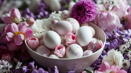 Fototapeta na wymiar A bowl filled with lots of white and pink eggs surrounded by pink and purple flowers on top of a bed of purple and white flowers