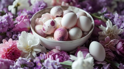 A bowl filled with lots of white and pink eggs surrounded by pink and purple flowers on top of a bed of purple and white flowers