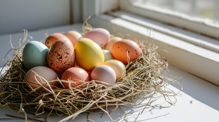 A nest filled with different colored eggs on top of a white table next to a pile of straw on top of a white surface