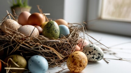 Naklejka na ściany i meble A nest filled with different colored eggs on top of a white table next to a pile of straw on top of a white surface
