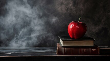 A red apple sitting on top of a stack of books on top of a black table next to a gray wall with smoke coming out of the back of it - obrazy, fototapety, plakaty