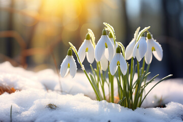 Beautiful Snowdrop spring flowers in snow in late winter or early spring