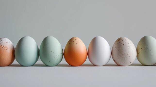 A row of eggs with different colored ones in front of them