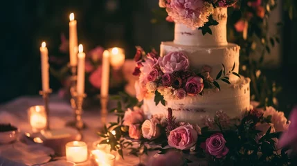 Fotobehang A three tiered cake with pink flowers on top of a table with candles and flowers on the side of the cake and on the other side of the cake © vannet