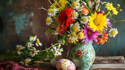 A vase filled with lots of colorful flowers next to two decorated eggs