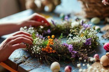Handmade easter wreath with colored eggs and spring flowers. Creative workshop idea - obrazy, fototapety, plakaty