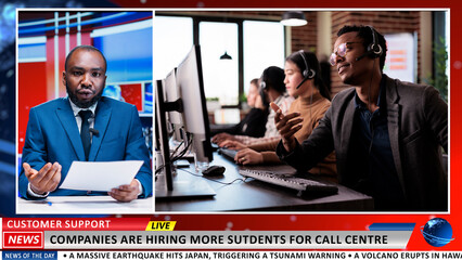 Customer support jobs innovation news presented by newscaster in studio. Man broadcaster addressing students working as call center operators, live television content latest headlines. - obrazy, fototapety, plakaty