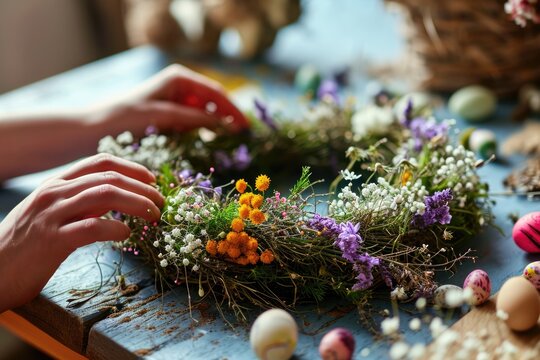 Handmade easter wreath with colored eggs and spring flowers. Creative workshop idea