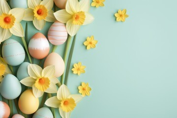 Easter pastel background with colorful easter eggs and daffodils - obrazy, fototapety, plakaty