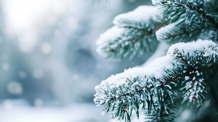 Extreme close-up of a snow-covered pine or spruce sprig on a blurry winter landscape with copy space. Template for a Christmas or New Year greeting card