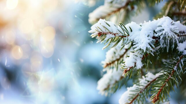 Extreme close-up of a snow-covered pine or spruce sprig on a blurry winter landscape with copy space. Template for a Christmas or New Year greeting card