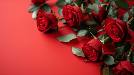 Fototapeta premium Red roses flower on red background. Copy space. Flower frame. Top view. High quality photo