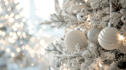 Fototapeta na wymiar White decorations on white Christmas tree with copy