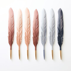 Different color feathers isolated on white background.