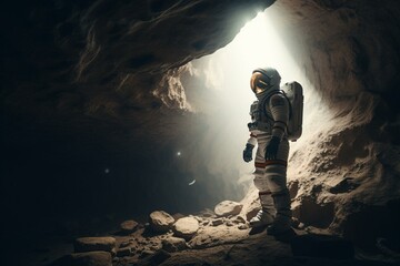 Astronaut suspended in cave with sunlit backdrop. Generative AI