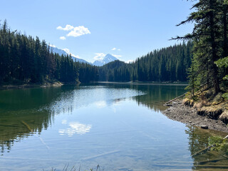 A nature hike to Moose Lake near Jasper, Alberta in Canada Jasper National Park on a sunny day.