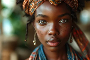 Foto op Plexiglas Beautiful African girl with national traditional hairstyle, young woman from the south, close-up portrait of beautiful eyes, jewelry earrings © Gizmo