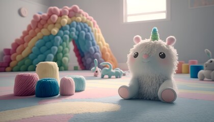 Adorable Plush Menagerie: Colorful, Cute Animals Relaxing on Children's Rug