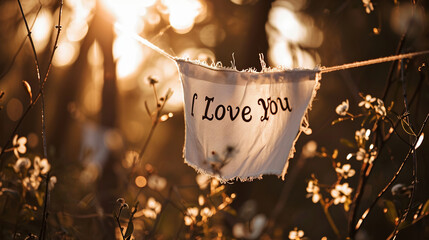 A fabric banner with "I Love You" fluttering in a gentle breeze, sign, blurred background, with copy space