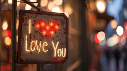 A window display sign with "I Love You" in a boutique shop, sign, blurred background, with copy space