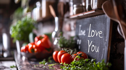 A kitchen chalkboard with "I Love You" written amongst grocery list items, sign, blurred background, with copy space