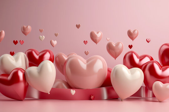 valentine's day concept, Heart Balloons Galore - Floating Hearts with Satin Ribbon on a Soft Pink Backdrop