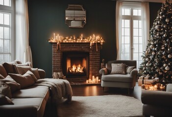 Living room home interior with decorated fireplace and christmas tree vintage style Christmas Holiday