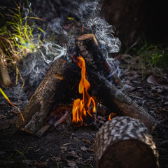 A campfire at the outdoors.