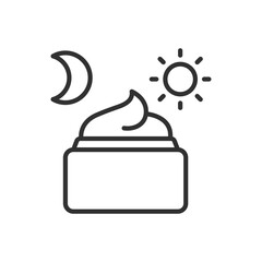 Cream for day and night use, linear icon, sun and moon. Line with editable stroke