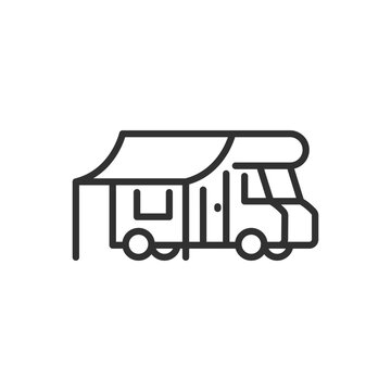 recommend clip art: Motorhome with tent, linear icon. Line with editable stroke