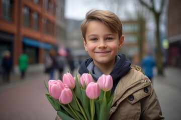 Fototapeta premium A boy smiling and holding a bouquet of pink tulips. The concept of March 8. Women's Day
