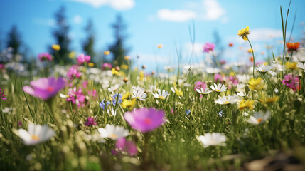Beautiful meadow full of spring flowers on a sunny day, shallow depth of field, close up