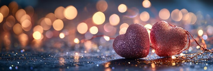 sparkling pink hearts on glittery background with lights, saint valentine day, Generative AI