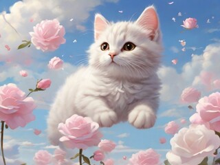 white cat and with pink  flowers
