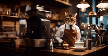 cat barista in a coffee shop in a barista uniform, concept of work in a cafe coffee shop restaurant. - obrazy, fototapety, plakaty